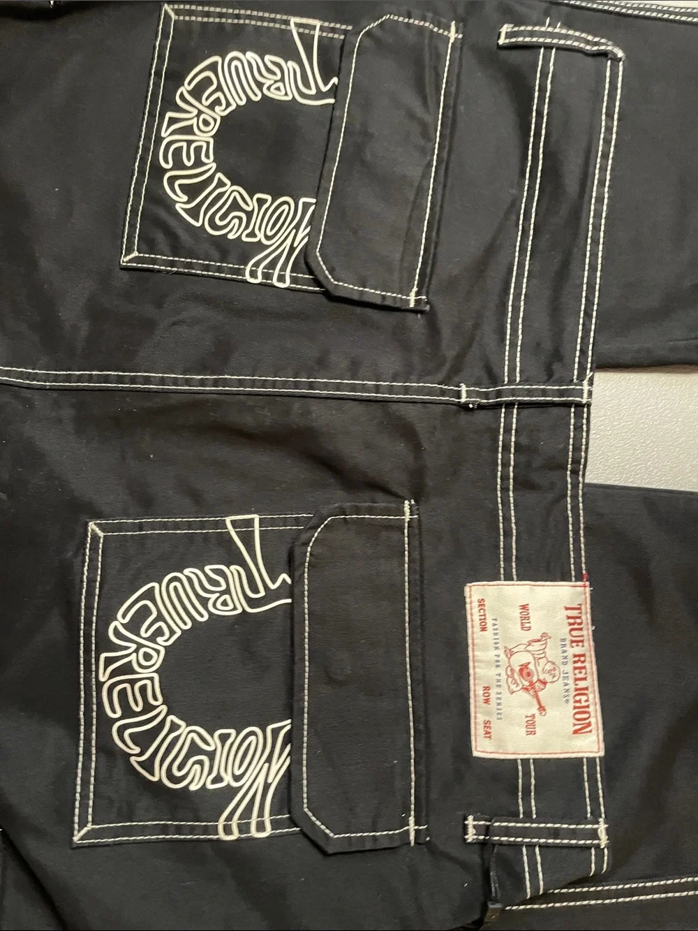 True Religion Black Cargo Pants with White Contrast Stitching